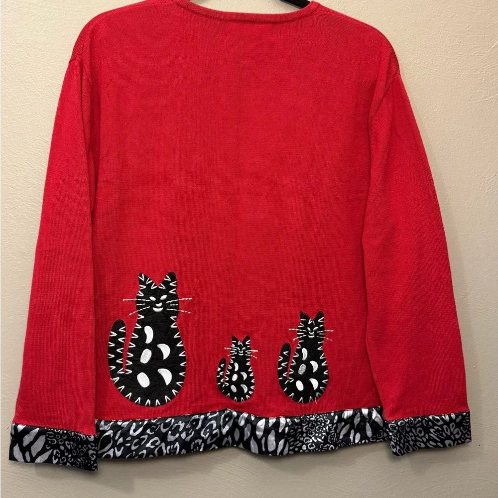 Bobbie C Vintage Red & Black Embroidered Abstract Cat Toggle Cardigan Size XL - Picture 2 of 8